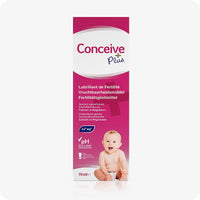 Conceive Plus Fertility Lubricant Tube (FR) outer box in French, Dutch, and German showing a 75ml size. Features a sitting baby at the bottom and key product highlights like pH balanced formula, calcium and magnesium ions content, and multilingual fertility support benefits.