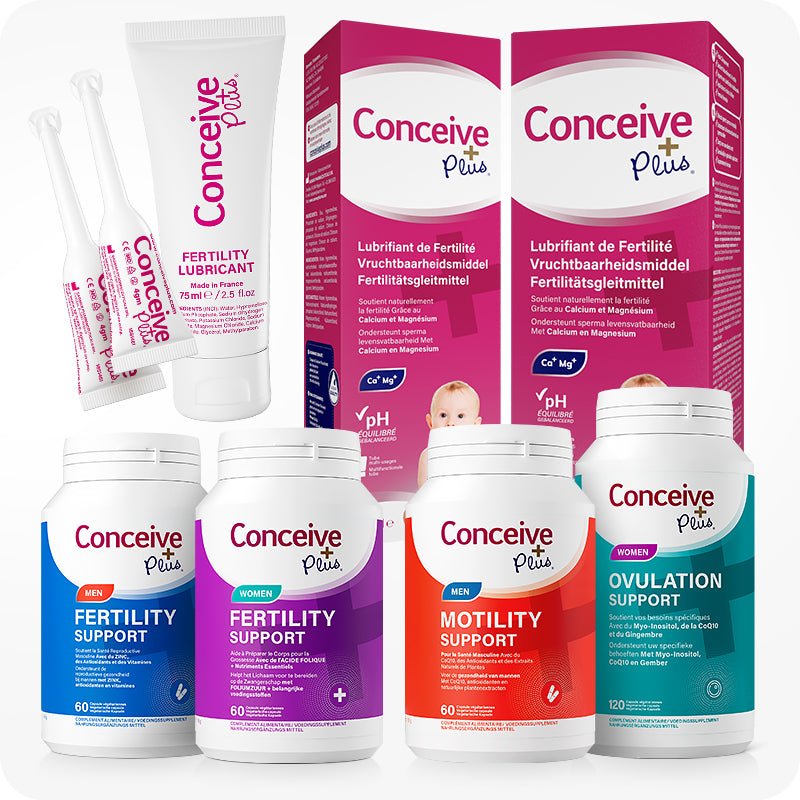 Conceive Plus Maximum Fertility Support (FR) bundle featuring full product range: fertility lubricant tube with pre-filled applicators, two boxed lubricant packs, and four supplement bottles — Men Fertility Support, Women Fertility Support, Men Motility Support, and Women Ovulation Support — all arranged front-facing with bilingual French and Dutch labeling, ideal for comprehensive fertility care.