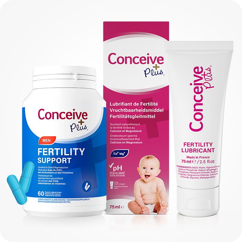 Conceive Plus Men's Fertility Support + Fertility Lubricant (FR) product image showing a white and blue bottle of men fertility support supplement with two visible blue capsules, alongside a 75 ml fertility lubricant tube and its matching box with French, Dutch, and German multilingual labeling, designed for enhancing sperm quality and conception comfort.