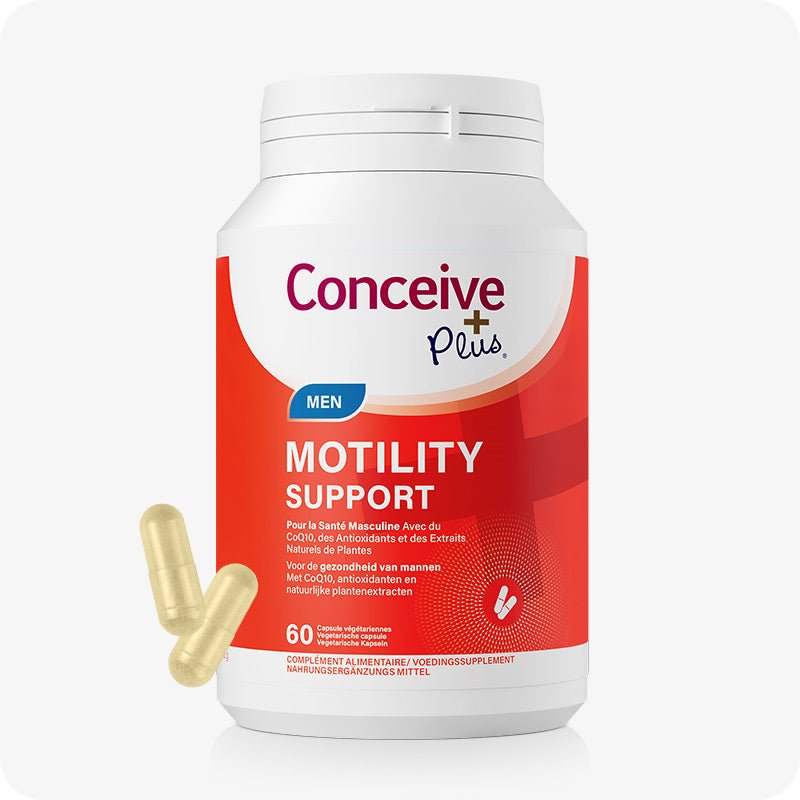 Conceive Plus Motility Support (FR) supplement bottle for men’s fertility, featuring a red label with French and Dutch text, highlighting CoQ10 and plant-based ingredients; includes 60 vegetable capsules and two softgel capsules displayed beside the bottle on a white background.