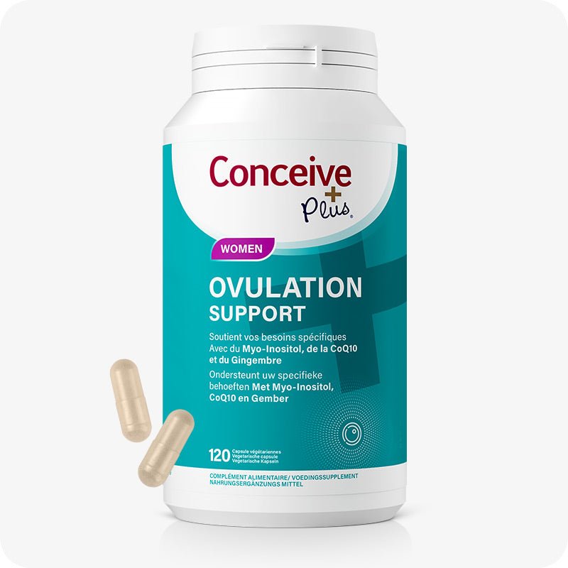 Conceive Plus Ovulation Support (FR) bottle featuring teal and white packaging with French and Dutch descriptions, displaying 120 vegetarian capsules and key ingredients like Myo-Inositol, CoQ10, and ginger, with two beige capsules shown beside container for visual reference.
