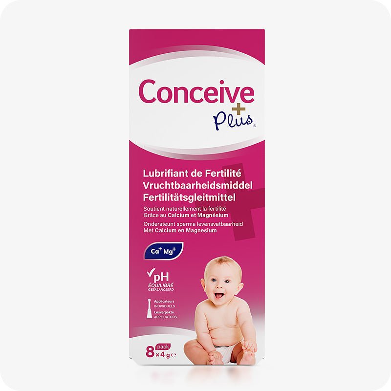 Front packaging of Conceive Plus Fertility Lubricant, Pre-Filled Applicators (FR) 8-pack, labeled in French, Dutch, and German. Highlights include pH-balanced formula with calcium and magnesium, individual applicators, and sperm viability support for couples trying to conceive.