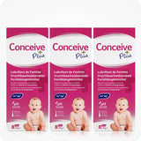 Conceive Plus Fertility Lubricant, Pre-Filled Applicators (FR) 3-pack boxes showing trilingual packaging in French, Dutch, and German. Each box highlights calcium and magnesium ions, balanced pH, and includes 8x4g individual applicators. Packaging features a white and pink color palette with baby image and fertility icons.