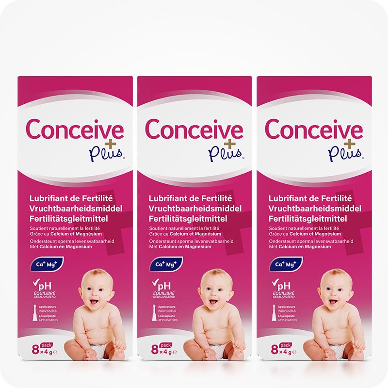 Conceive Plus Fertility Lubricant, Pre-Filled Applicators (FR) 3-pack boxes showing trilingual packaging in French, Dutch, and German. Each box highlights calcium and magnesium ions, balanced pH, and includes 8x4g individual applicators. Packaging features a white and pink color palette with baby image and fertility icons.