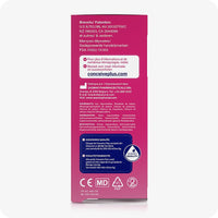 Back panel of Conceive Plus Fertility Lubricant, Pre-Filled Applicators (FR) box showing patent details, manufacturer information, website, and multilingual ingredient list. Includes SASMAR Quality Assurance details and CE certification symbols.