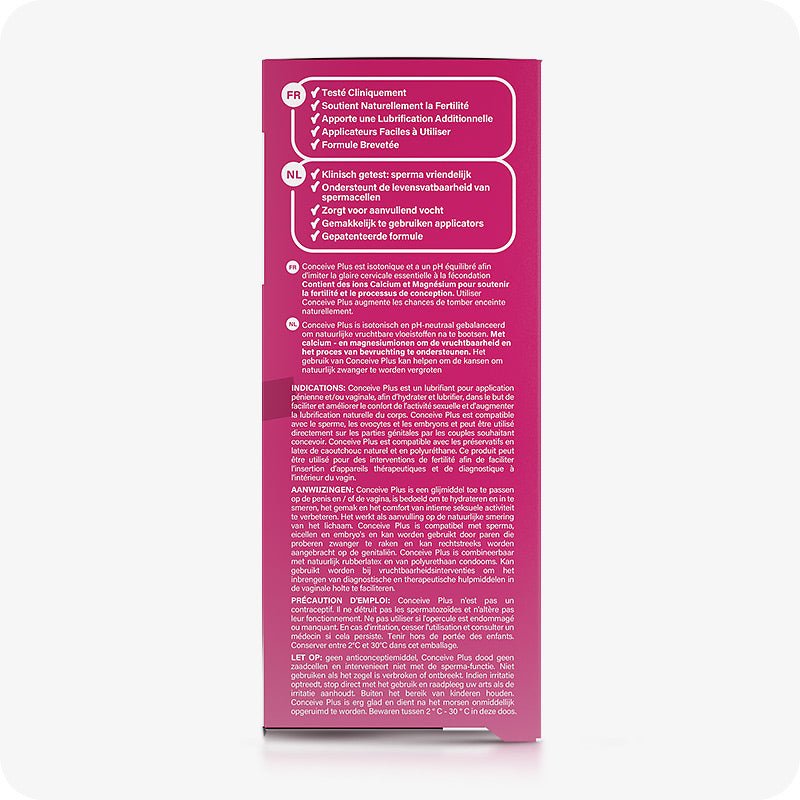 Side panel of Conceive Plus Fertility Lubricant, Pre-Filled Applicators (FR) packaging featuring clinical benefits in French and Dutch. Highlights pH balance, patented formula, compatibility with sperm, and natural conception support. Contains product usage instructions and precautions in both languages. The box is pink with white text.