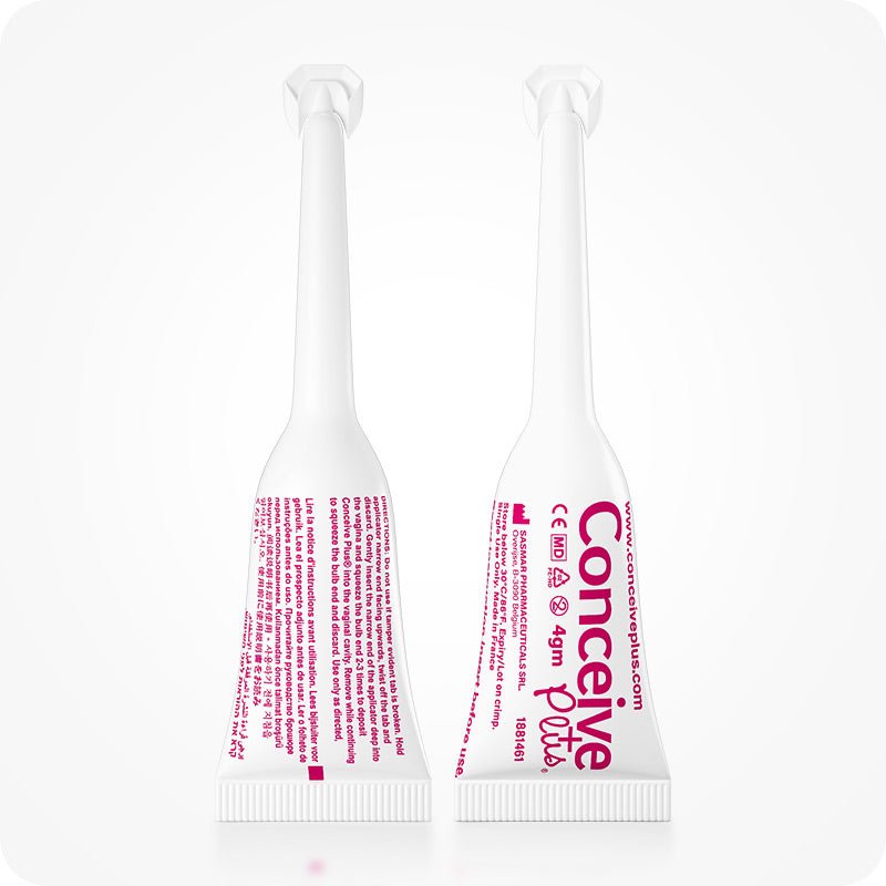Front and back view of Conceive Plus Fertility Lubricant, Pre-Filled Applicators (FR) showing 4g labeled single-use applicators. Packaging includes product details in French and Dutch, highlighting CE certification, medical device classification, and sperm-friendly formulation.