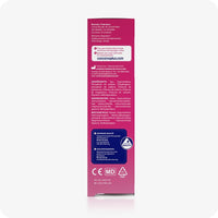 For Conceive Plus Max Combo - Fertility Lubricant Bundle (FR), side panel of 75ml fertility lubricant box featuring multilingual ingredient lists in French, Dutch, and German, official CE and MD markings, contact information of manufacturer (Sasmar), and assurance of Swiss-tested quality.