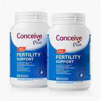Conceive Plus Men's Fertility Support (FR) twin-pack featuring two blue and white bottles with French and Dutch bilingual labels, each containing 60 vegetarian capsules formulated with zinc, antioxidants, and vitamins to support male reproductive health.
