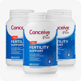 Conceive Plus Men's Fertility Support (FR) triple-pack of blue and white supplement bottles featuring French and Dutch bilingual labeling, each containing 60 capsules with essential vitamins, zinc, and antioxidants to support male reproductive function and fertility.