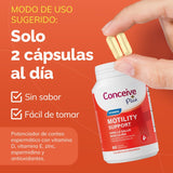 Conceive Plus motility support supplement bottle with capsules on an orange background