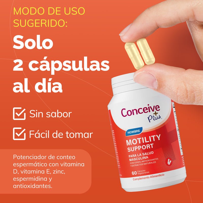 Conceive Plus motility support supplement bottle with capsules on an orange background