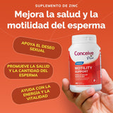 Supplement bottle labeled 'Conceive Plus' on an orange background with text about its benefits.