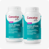 For Conceive Plus Ovulation Pack - Fertility + Ovulation Support (FR), double pack of teal-labeled Women Ovulation Support bottles, each containing 120 vegetarian capsules, with French and Dutch descriptions highlighting Myo-Inositol, CoQ10, and ginger to support hormonal and ovulatory balance.