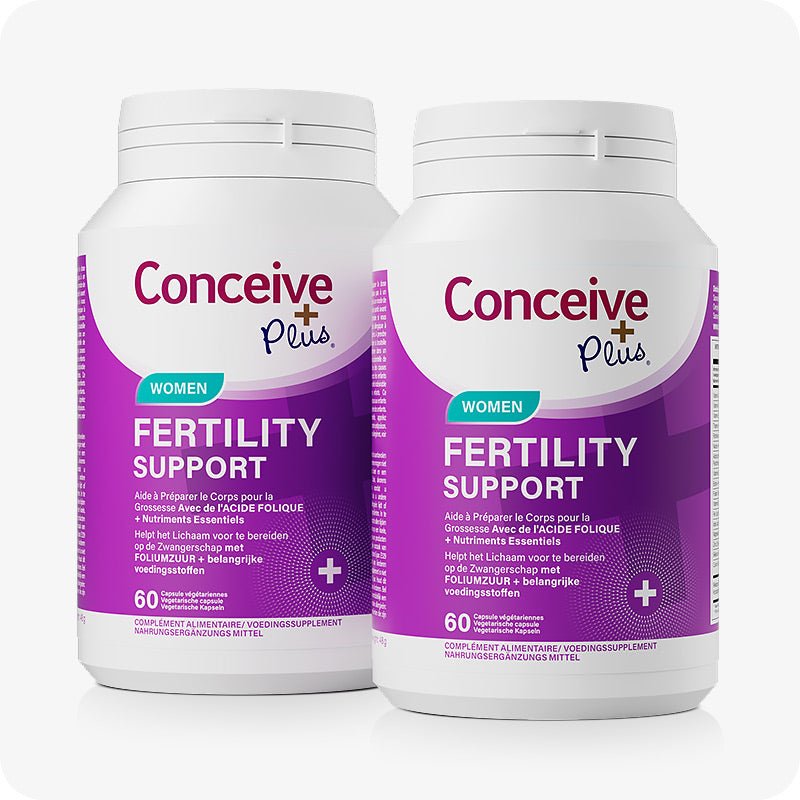 For Conceive Plus Ovulation Pack - Fertility + Ovulation Support (FR), image showing a twin-pack of purple-labeled Women Fertility Support bottles, each containing 60 vegetarian capsules, with bilingual French and Dutch text highlighting folic acid and essential nutrients for preconception health.