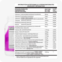 For Conceive Plus Ovulation Pack - Fertility + Ovulation Support (FR), close-up of Women Fertility Support supplement facts label, detailing vitamins, minerals, and exclusive blend composition in French, Dutch, and German, including Vitamin C, D, E, B-complex, Iron, Zinc, and 220mg of formulation blend.