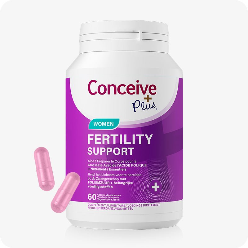 For Conceive Plus Ovulation Pack - Fertility + Ovulation Support (FR), image of single white bottle labeled "Women Fertility Support" in French and Dutch, with purple background and two pink capsules displayed in front, designed to aid women’s reproductive health with folic acid and essential nutrients.