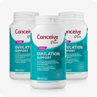 For Conceive Plus Ovulation Pack - Fertility + Ovulation Support (FR), triple pack of teal-labeled Women Ovulation Support bottles, each containing 120 capsules, with bilingual French and Dutch text promoting hormonal balance and ovulation regulation through Myo-Inositol, CoQ10, and ginger extract.