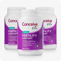 For Conceive Plus Ovulation Pack - Fertility + Ovulation Support (FR), triple pack of Women Fertility Support supplements, featuring three purple-labeled bottles each containing 60 capsules, with French and Dutch text emphasizing folic acid and essential nutrients for pre-pregnancy wellness.
