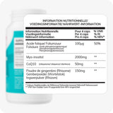 For Conceive Plus Ovulation Pack - Fertility + Ovulation Support (FR), zoomed-in nutritional facts label of Women Ovulation Support supplement, listing per-4-capsule content of folic acid (100μg), Myo-inositol (2000mg), CoQ10 (50mg), and ginger rhizome powder (150mg) in French, Dutch, and German.